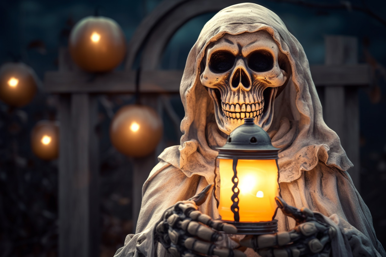 A picture of a spooky halloween skeleton holding a lantern on a wooden sign at night, halloween party image