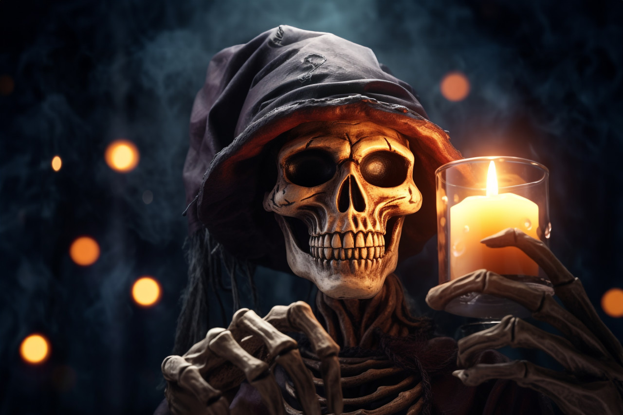 A picture of a spooky halloween skeleton holding a lantern on a wooden sign at night, halloween party image