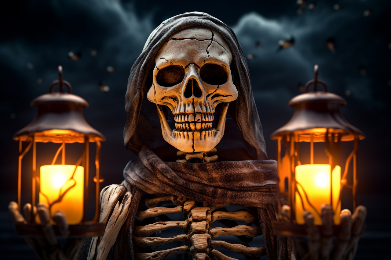 A picture of a spooky halloween skeleton holding a lantern on a wooden sign at night, halloween party image