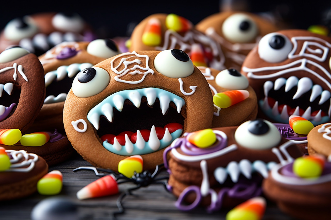 A picture of halloween gingerbread cookies with candy on a white wooden table, halloween party image