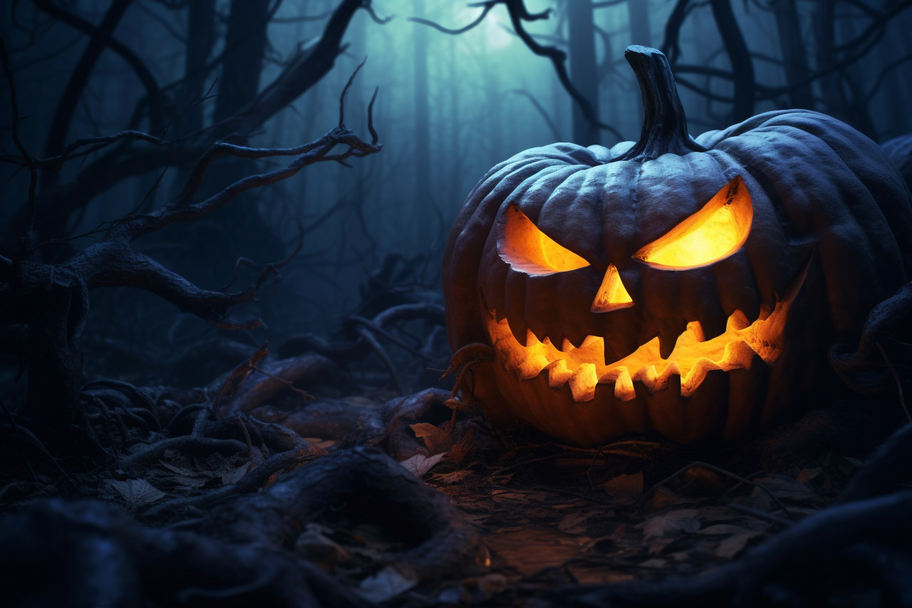 A photo of a halloween pumpkin in a dark forest, with a graveyard in the background, halloween party image