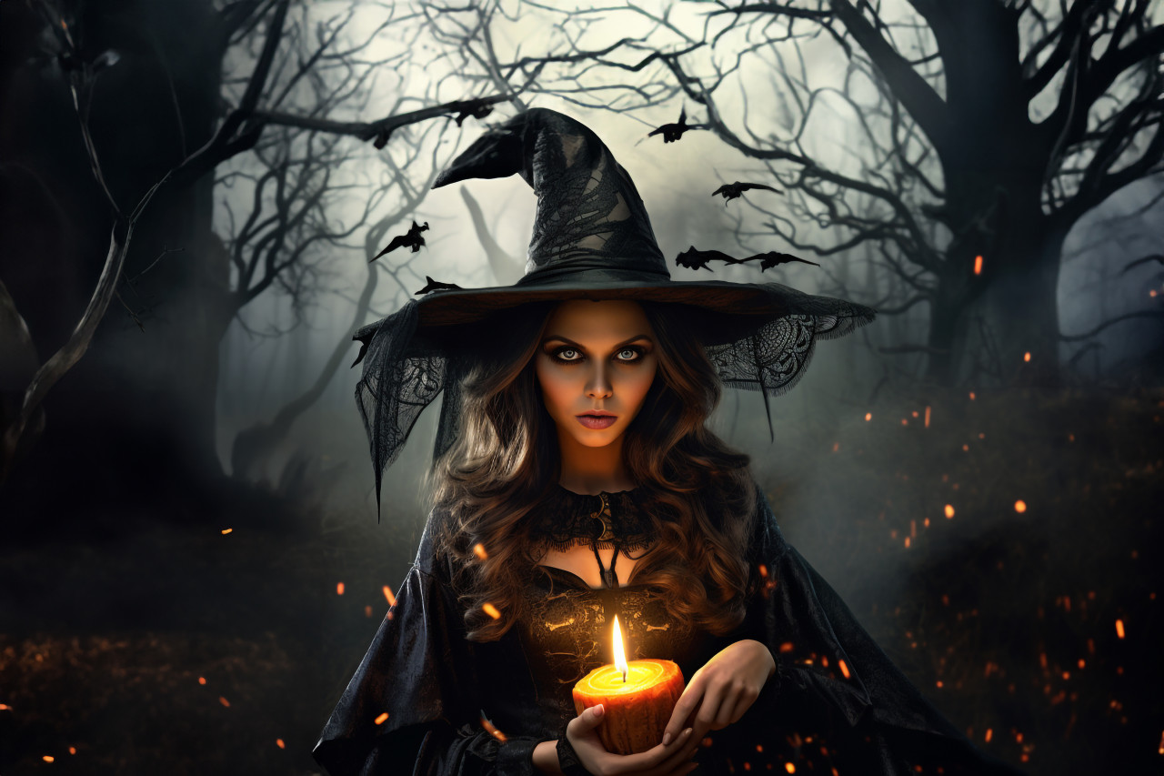 A picture of a young woman dressed as a witch for halloween, holding a book of spells and casting a spell in a dark forest, halloween party image