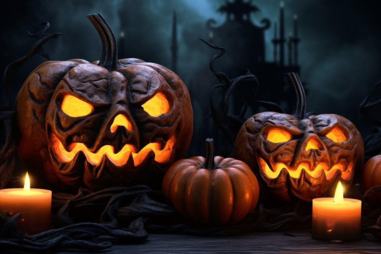 A picture of a group of pumpkins with a halloween background, halloween party image