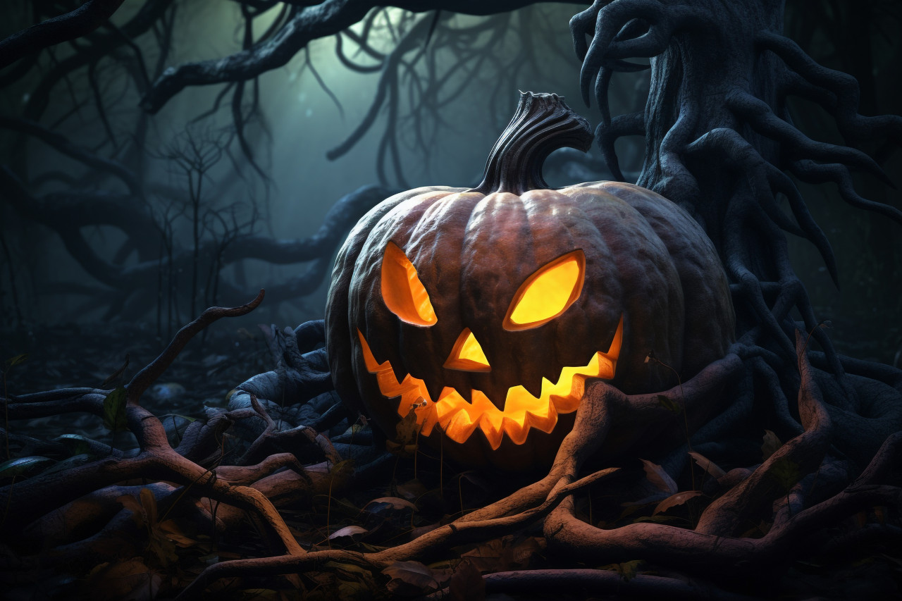 A photo of a halloween pumpkin in a dark forest, with a graveyard in the background, halloween party image