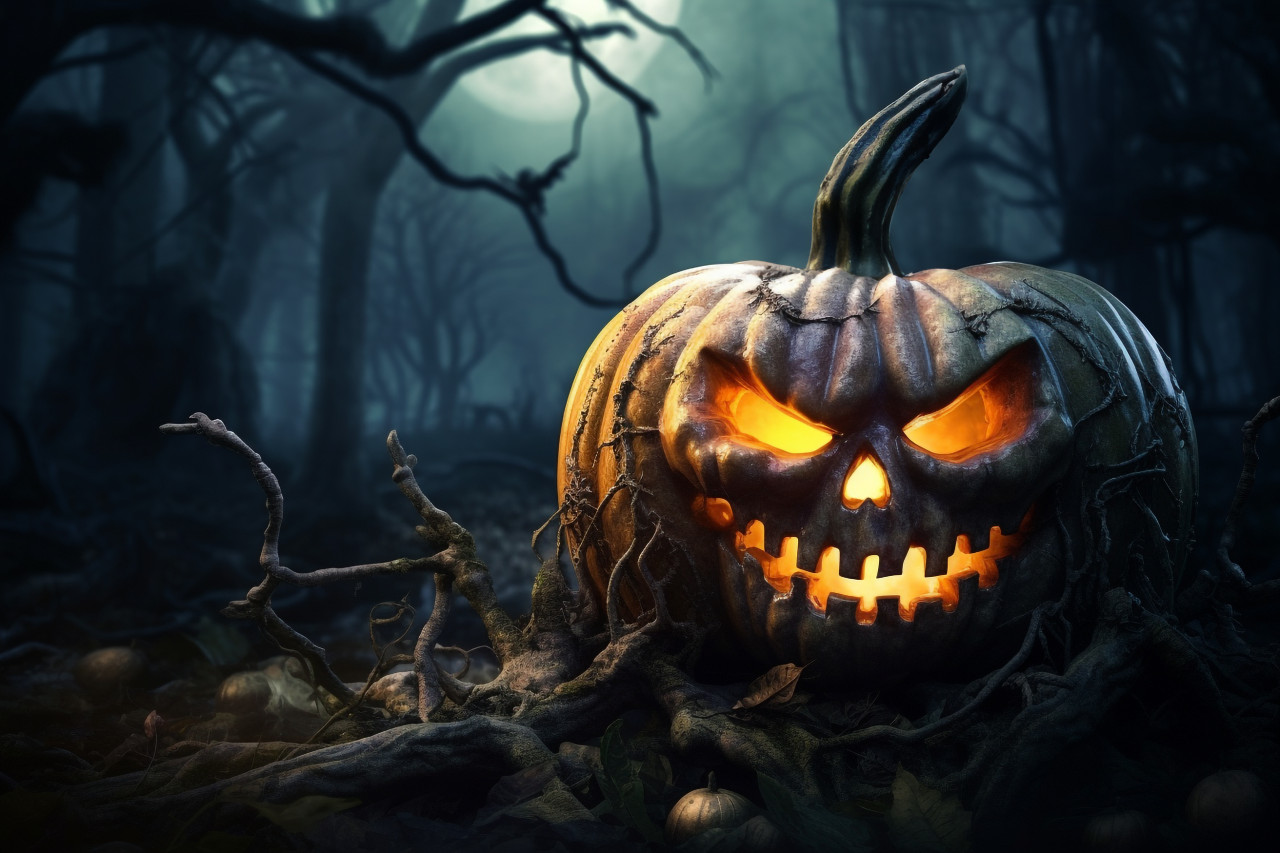 A photo of a halloween pumpkin in a dark forest, with a graveyard in the background, halloween party image