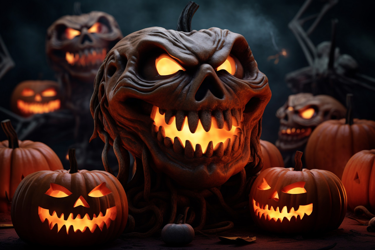 A picture of a group of pumpkins with a halloween background, halloween party image