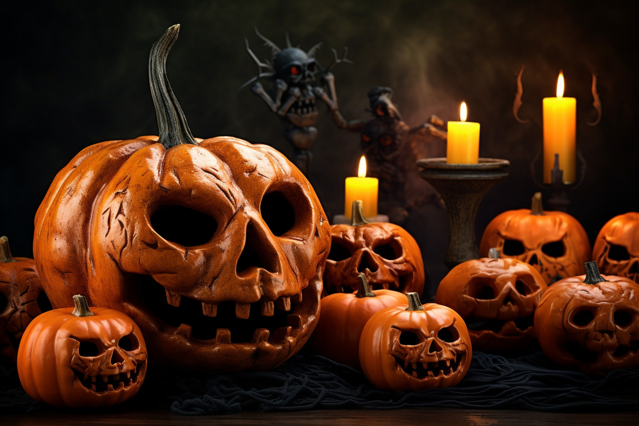 A picture of a group of pumpkins with a halloween background, halloween party image