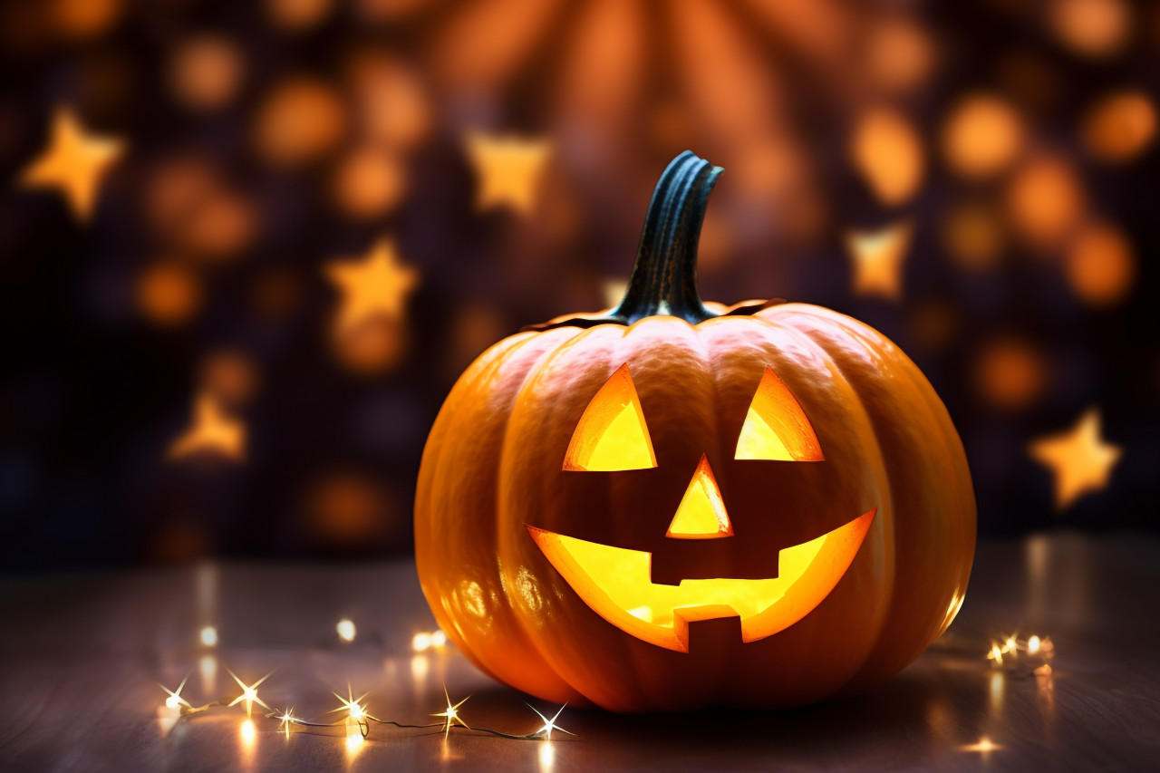 A photo of a halloween pumpkin with lights and a sparkly background, halloween party image
