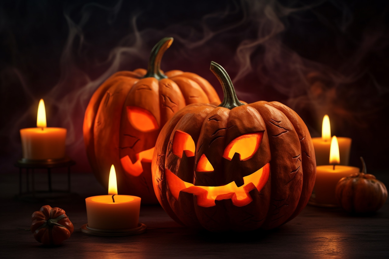 A picture of a pumpkin with a candle inside at halloween, halloween party image