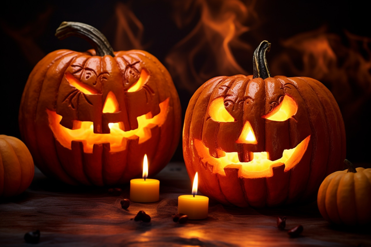 A picture of a pumpkin with a candle inside at halloween, halloween party image