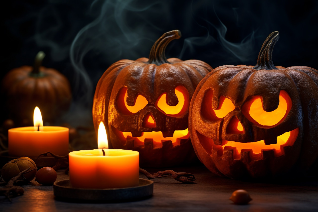 A picture of a pumpkin with a candle inside at halloween, halloween celebration image