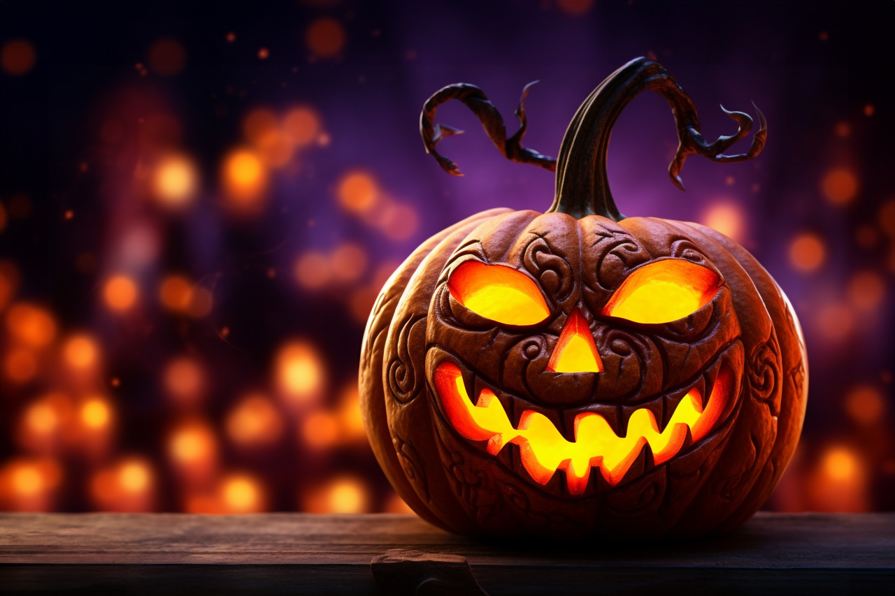 A photo of a halloween pumpkin with lights and a sparkly background, halloween party image