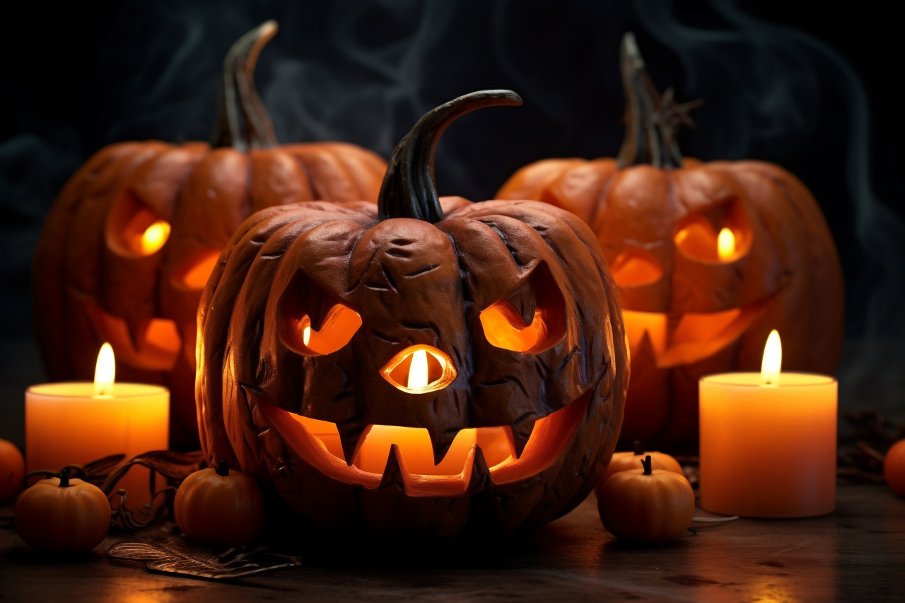 A picture of a pumpkin with a candle inside at halloween, halloween celebration image