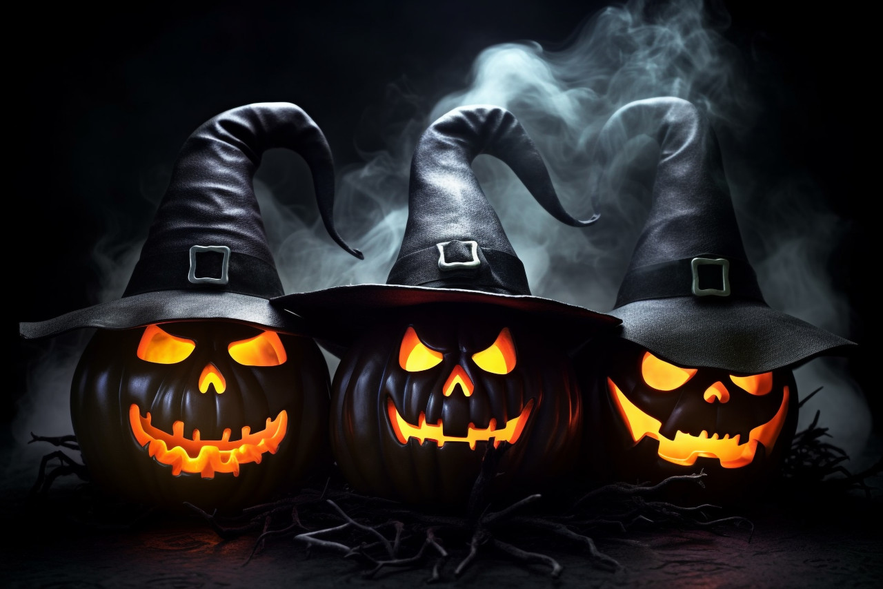 A photo of three scary halloween pumpkins glowing in the dark fog, halloween celebration image