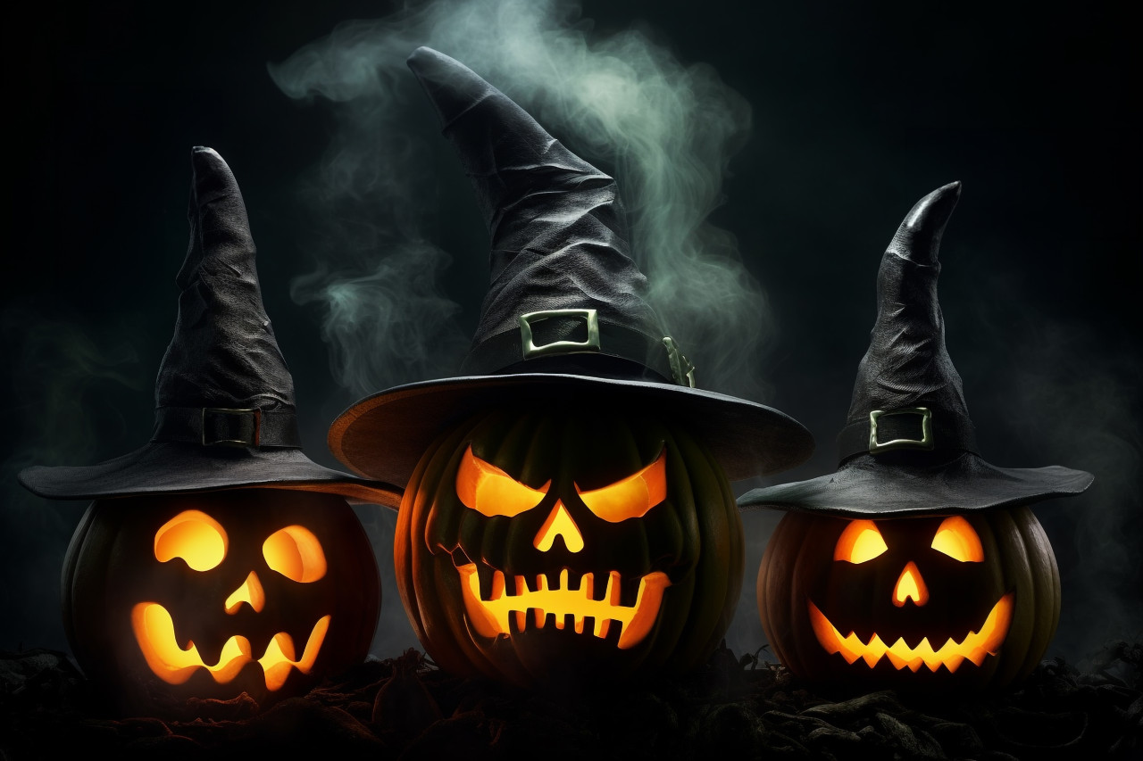 A photo of three scary halloween pumpkins glowing in the dark fog, halloween celebration image