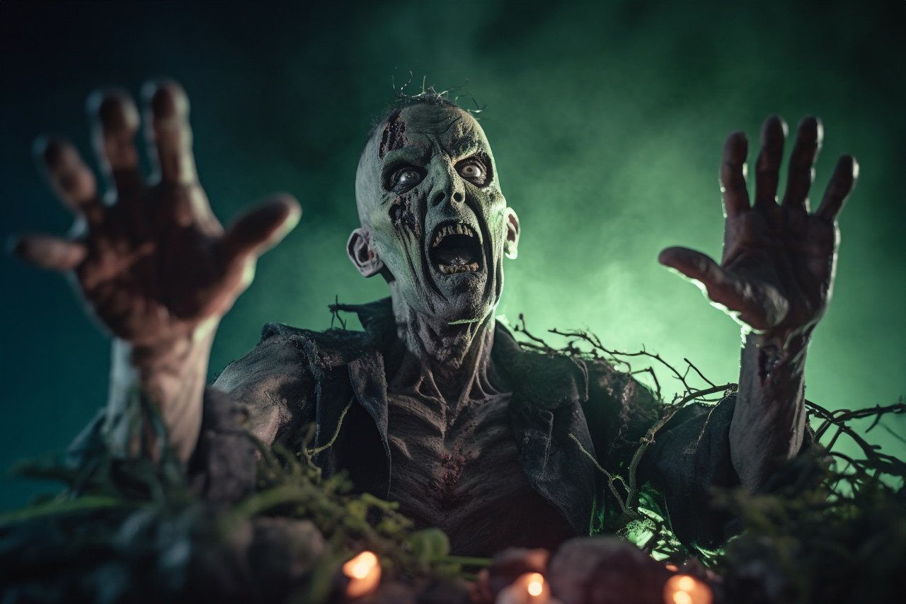 A scary photo of a zombie rising from a graveyard on a spooky, dark night with a full moon, halloween celebration image