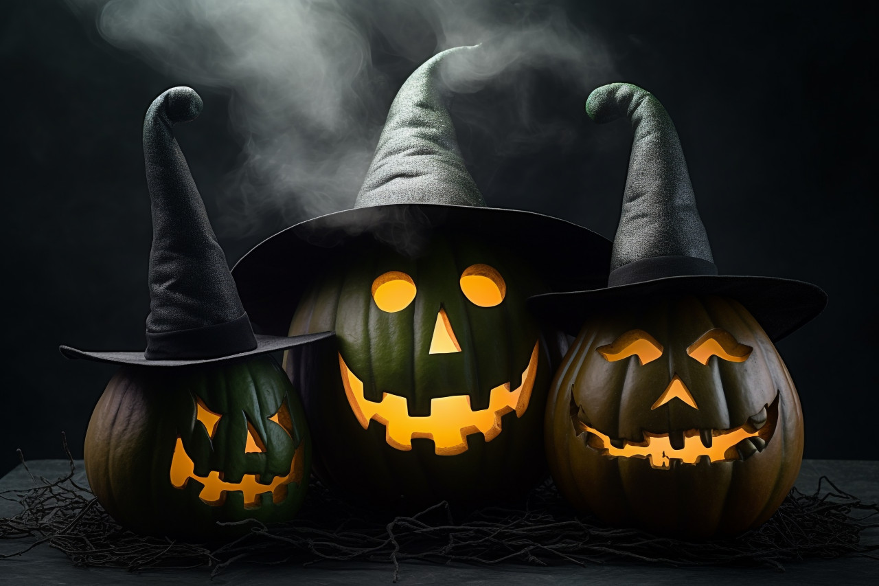 A photo of three scary halloween pumpkins glowing in the dark fog, halloween celebration image