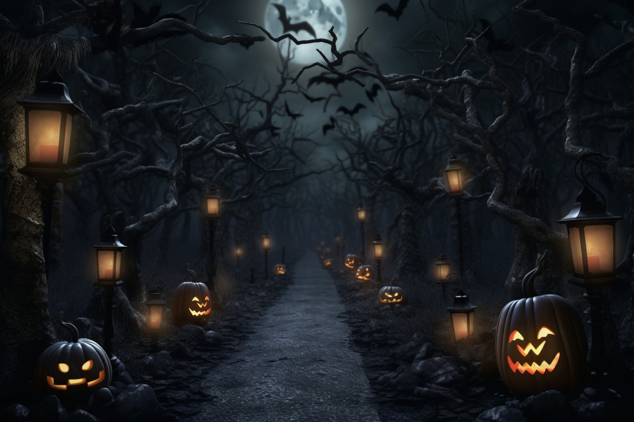 A picture of a halloween background with lanterns in a dark forest on a spooky night, halloween celebration image