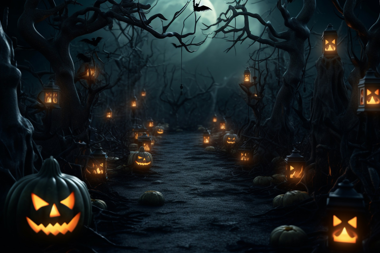 A picture of a halloween background with lanterns in a dark forest on a spooky night, halloween celebration image
