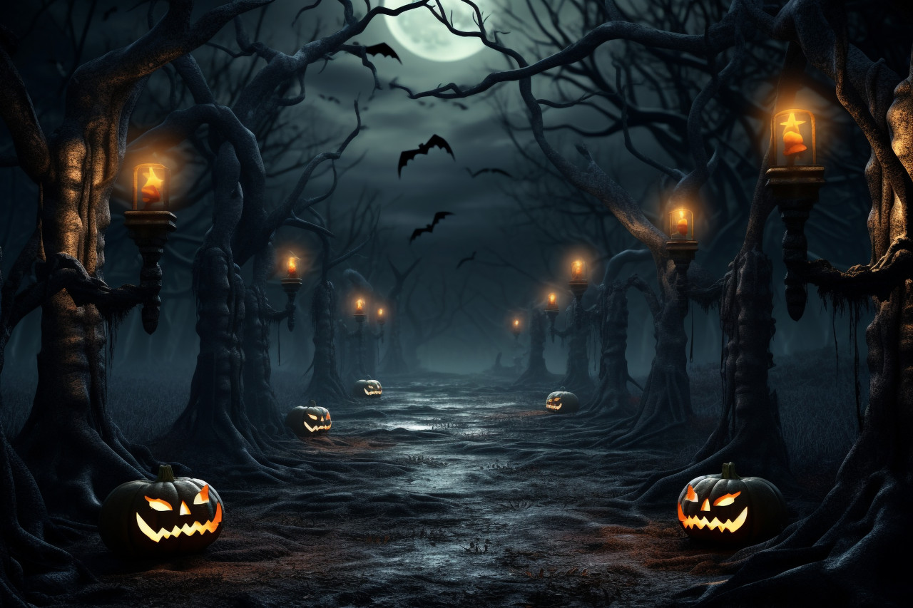 A picture of a halloween background with lanterns in a dark forest on a spooky night, halloween celebration image