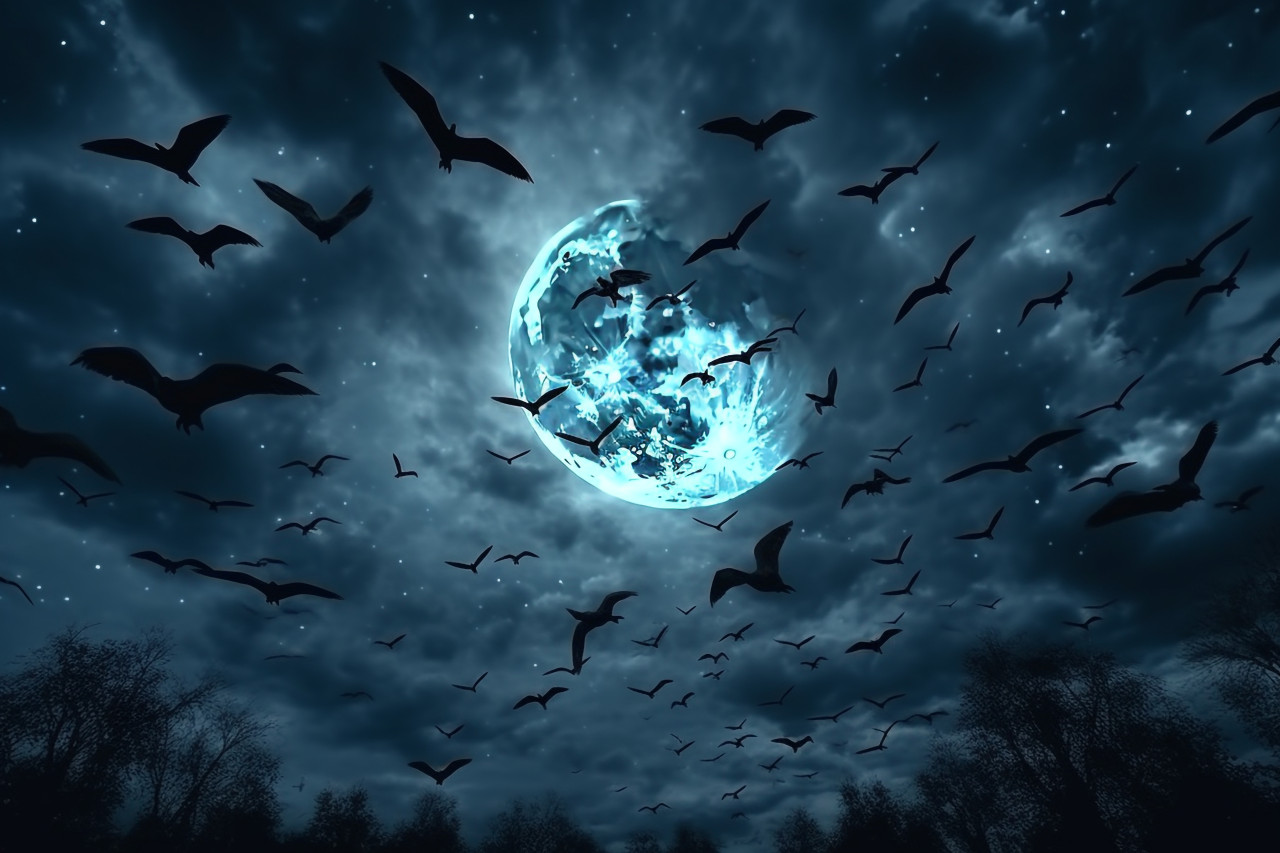 A picture of the moon rising in a dark and mysterious sky. crows are flying in the sky, halloween celebration image