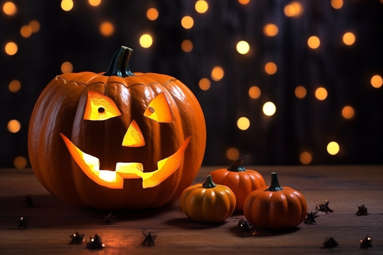 A halloween picture of a pumpkin decorated with glitter on a wooden table, halloween celebration image