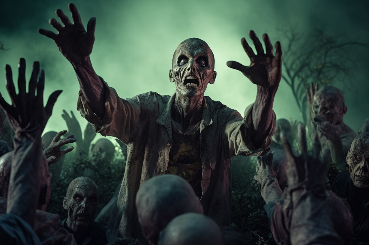 A scary photo of a zombie rising from a graveyard on a spooky, dark night with a full moon, halloween celebration image
