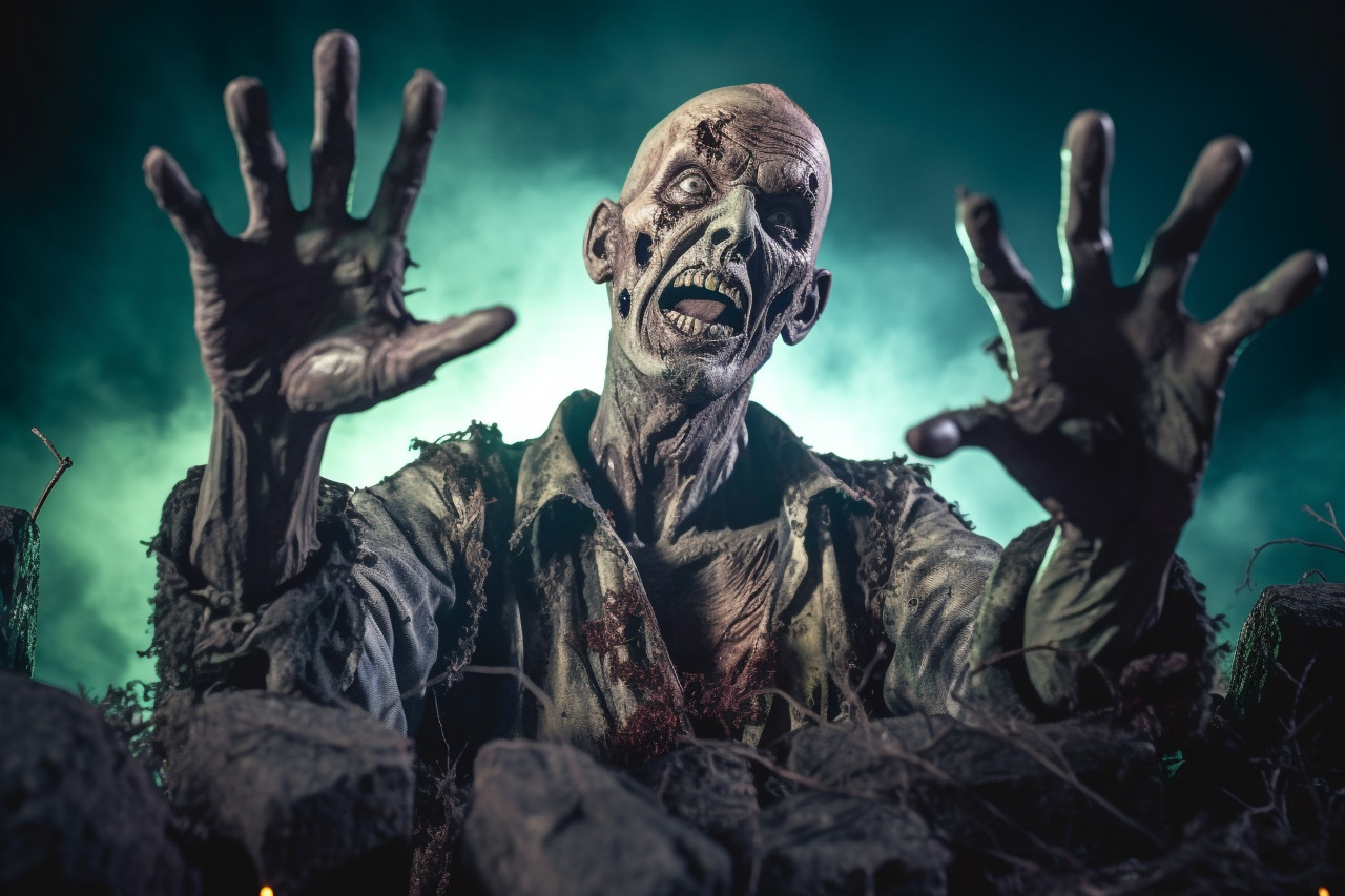 A scary photo of a zombie rising from a graveyard on a spooky, dark night with a full moon, halloween celebration image
