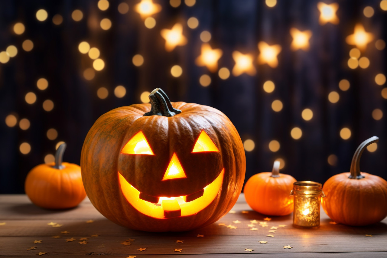 A halloween picture of a pumpkin decorated with glitter on a wooden table, halloween celebration image