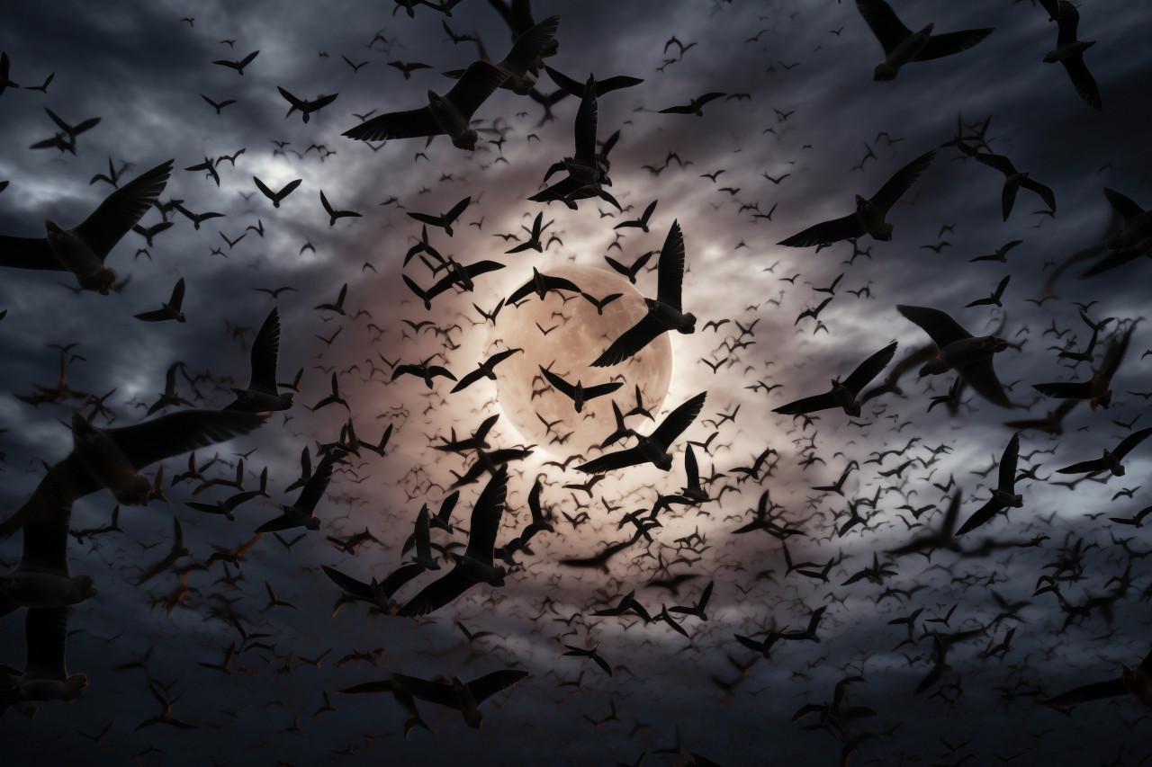 A picture of the moon rising in a dark and mysterious sky. crows are flying in the sky, halloween celebration image