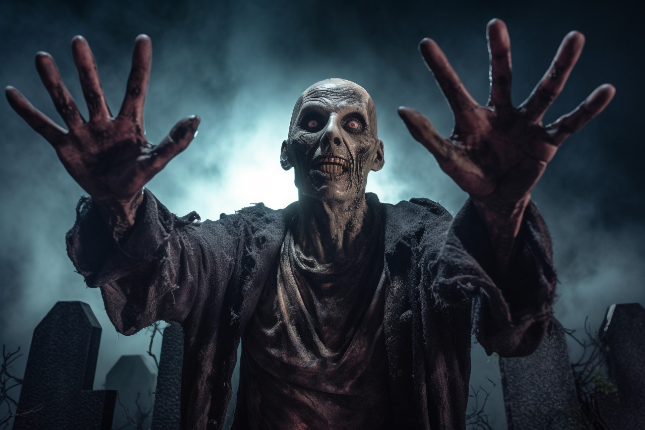 A scary photo of a zombie rising from a graveyard on a spooky, dark night with a full moon, halloween celebration image
