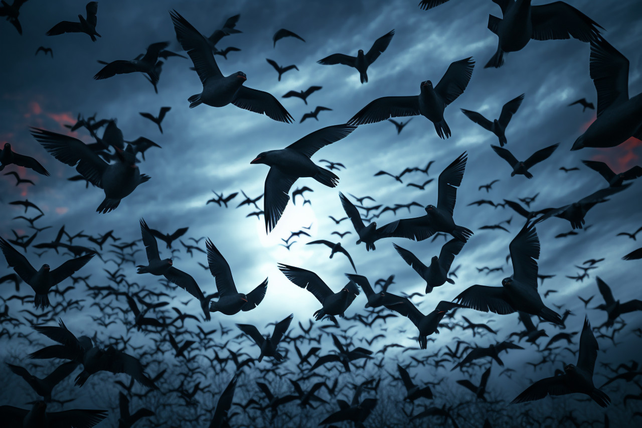 A picture of the moon rising in a dark and mysterious sky. crows are flying in the sky, halloween celebration image