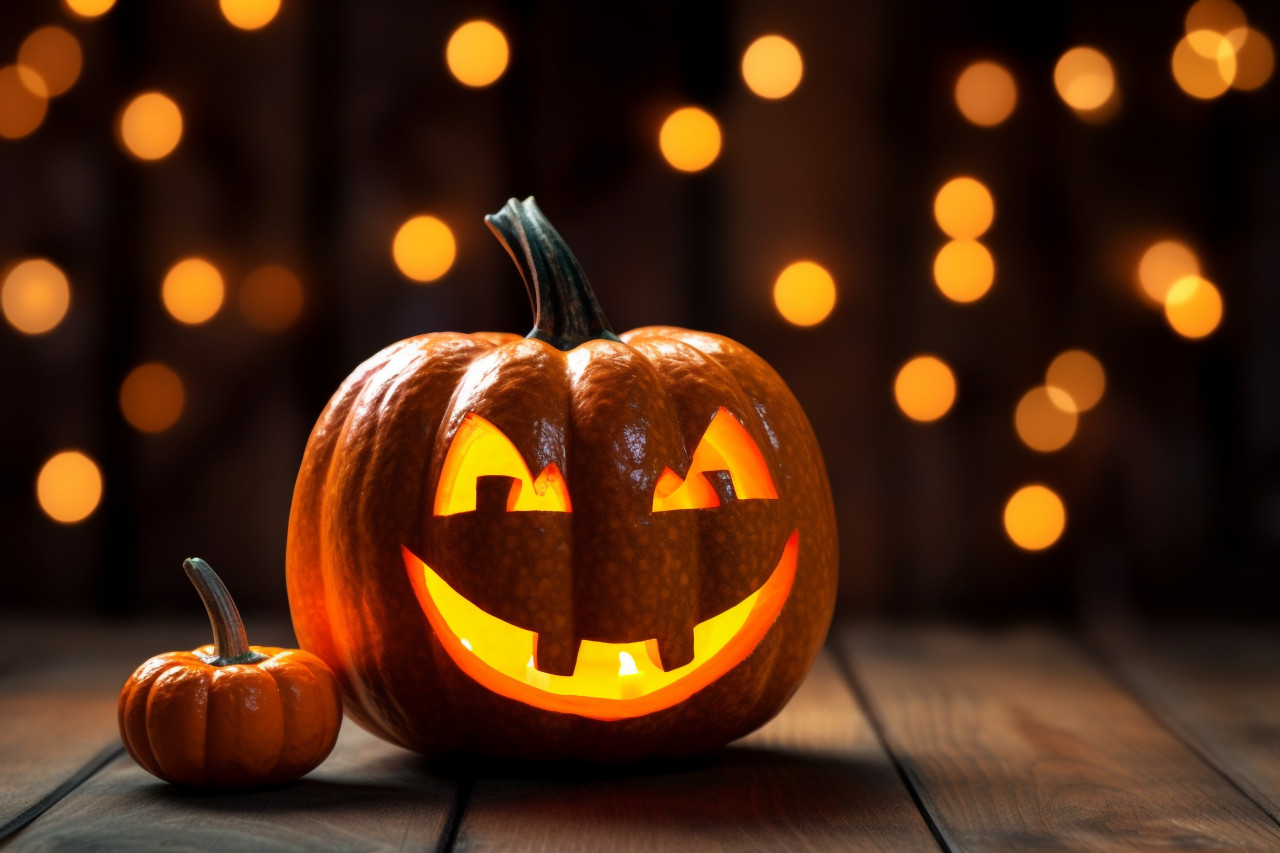A halloween picture of a pumpkin decorated with glitter on a wooden table, halloween celebration image