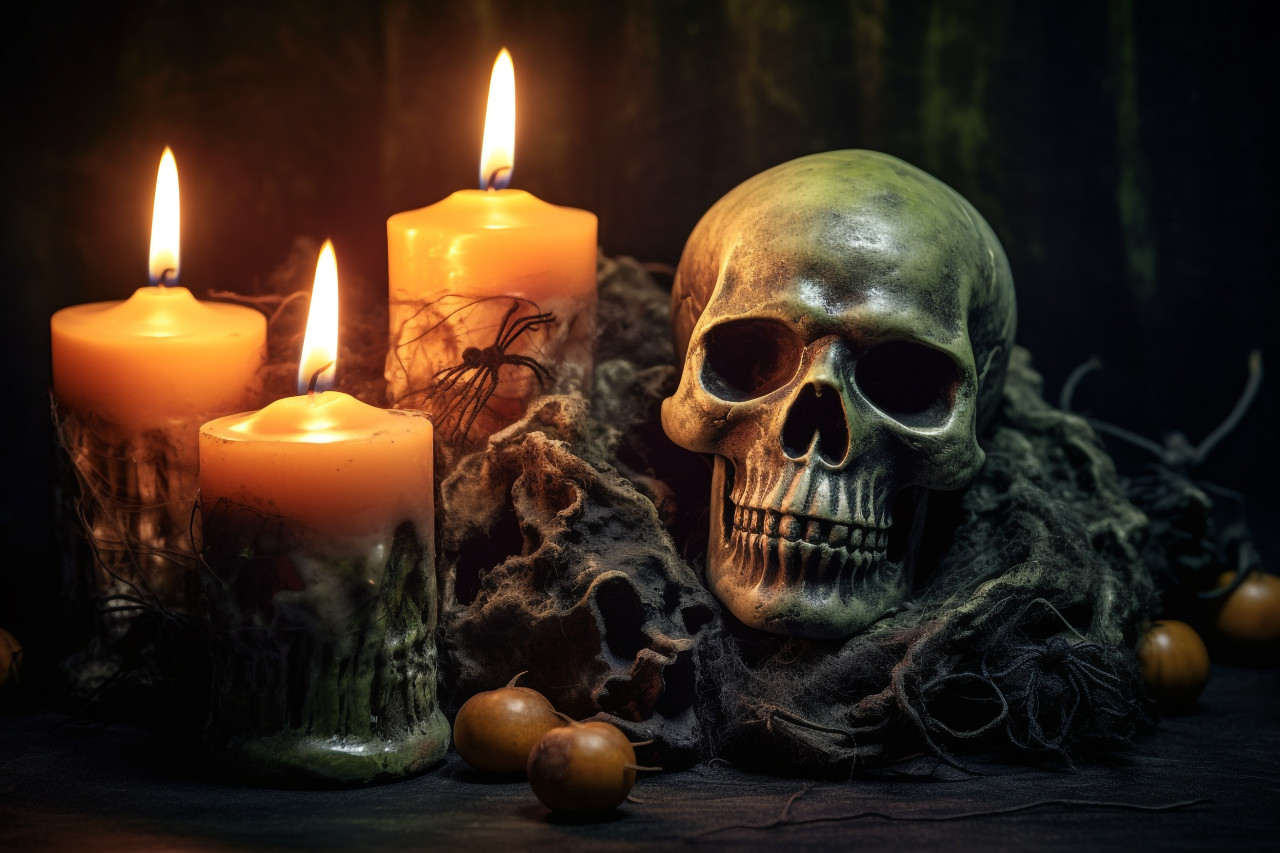 A picture of a magical, halloween background with a skull, a candle holder with candles, halloween celebration image