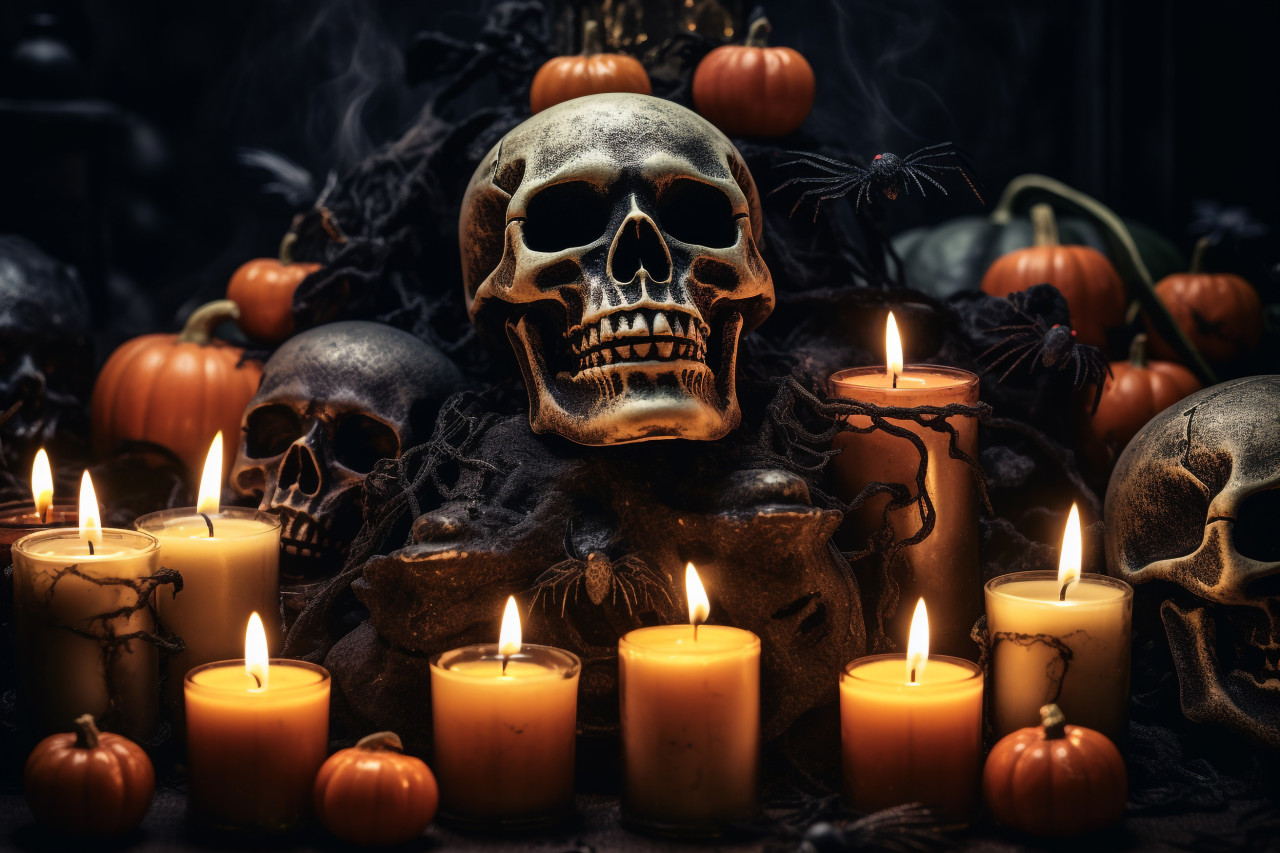 A picture of a magical, halloween background with a skull, a candle holder with candles, halloween celebration image