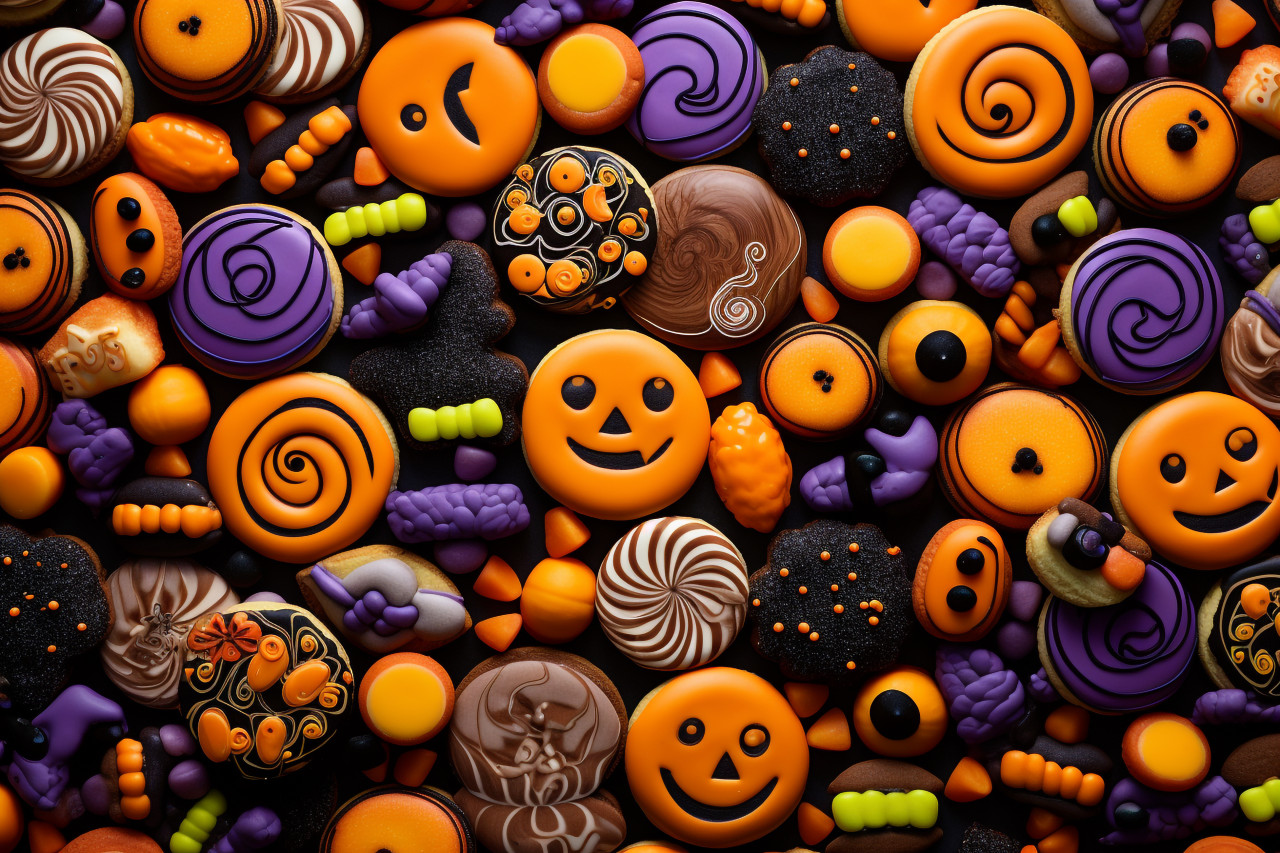 A picture of halloween cookies arranged in a pattern, halloween celebration image