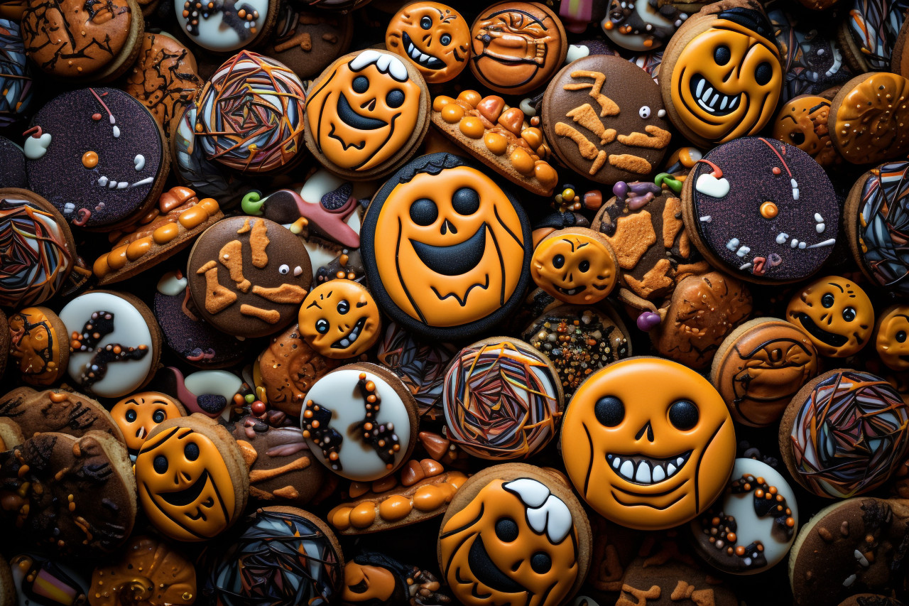 A picture of halloween cookies arranged in a pattern, halloween celebration image