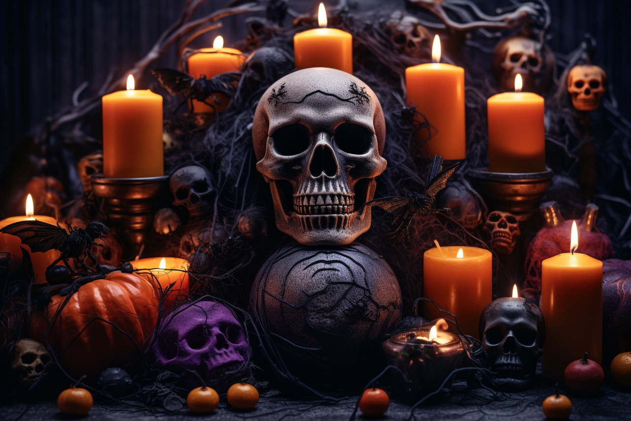 A picture of a magical, halloween background with a skull, a candle holder with candles, halloween celebration image