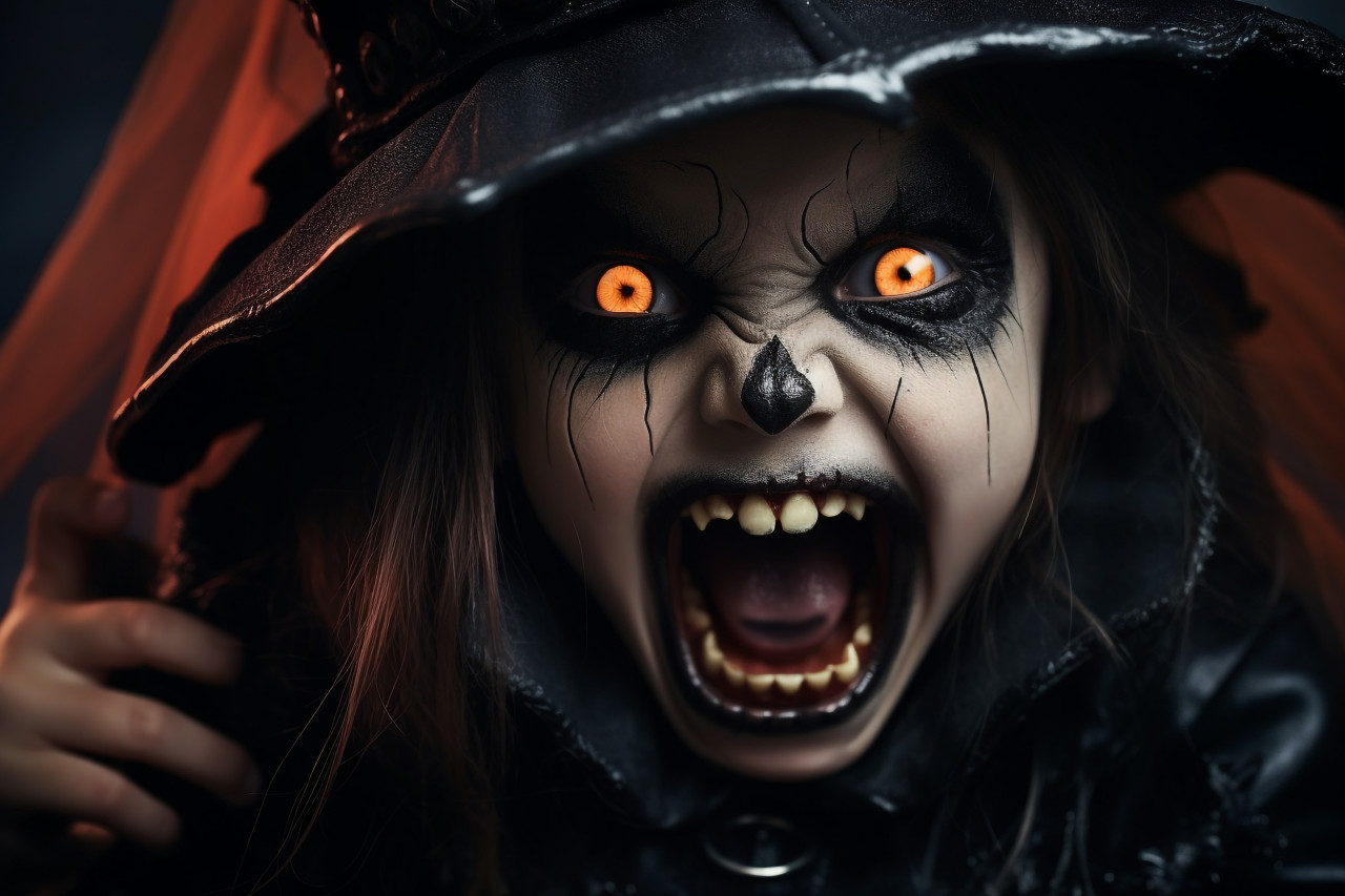 A photo of a cute little child in a witch costume, covering their mouth with their arm and looking at the camera at a halloween party, halloween celebration image