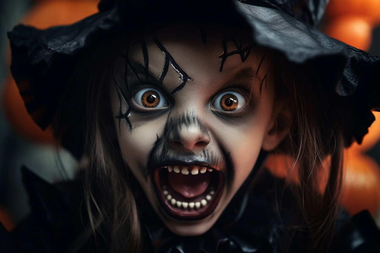 A photo of a cute little child in a witch costume, covering their mouth with their arm and looking at the camera at a halloween party, halloween celebration image