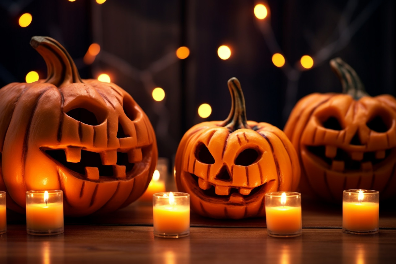A photo of a halloween pumpkin with candles and lights on a wooden table, halloween celebration image