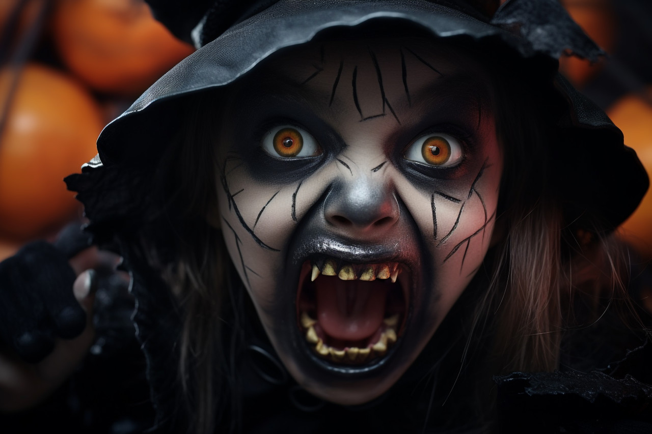 A photo of a cute little child in a witch costume, covering their mouth with their arm and looking at the camera at a halloween party, halloween celebration image