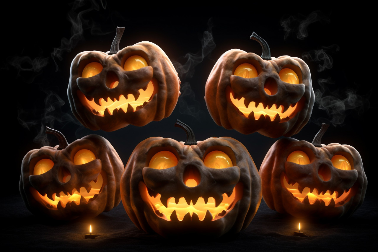 A picture of pumpkins floating in the air on a black background, halloween celebration image