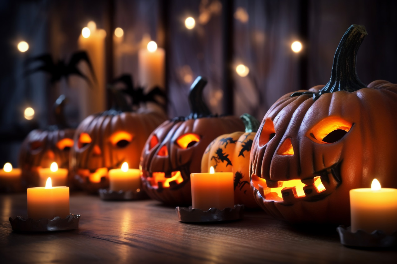 A photo of a halloween pumpkin with candles and lights on a wooden table, halloween celebration image