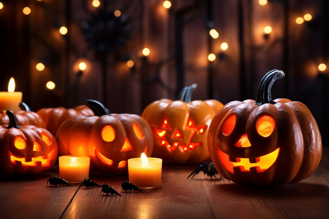 A photo of a halloween pumpkin with candles and lights on a wooden table, halloween celebration image