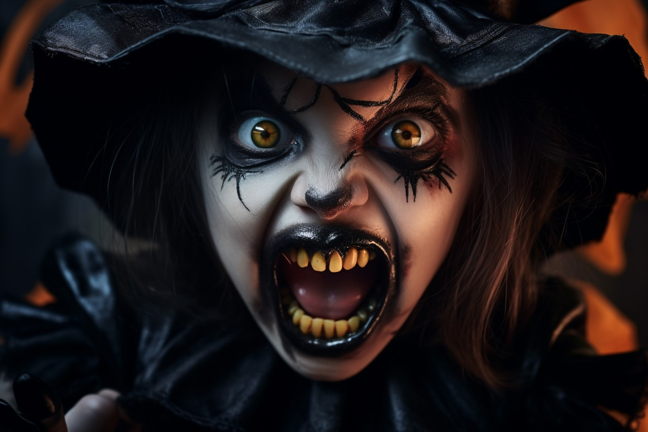 A photo of a cute little child in a witch costume, covering their mouth with their arm and looking at the camera at a halloween party, halloween celebration image