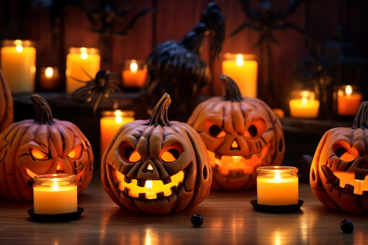 A photo of a halloween pumpkin with candles and lights on a wooden table, halloween celebration image