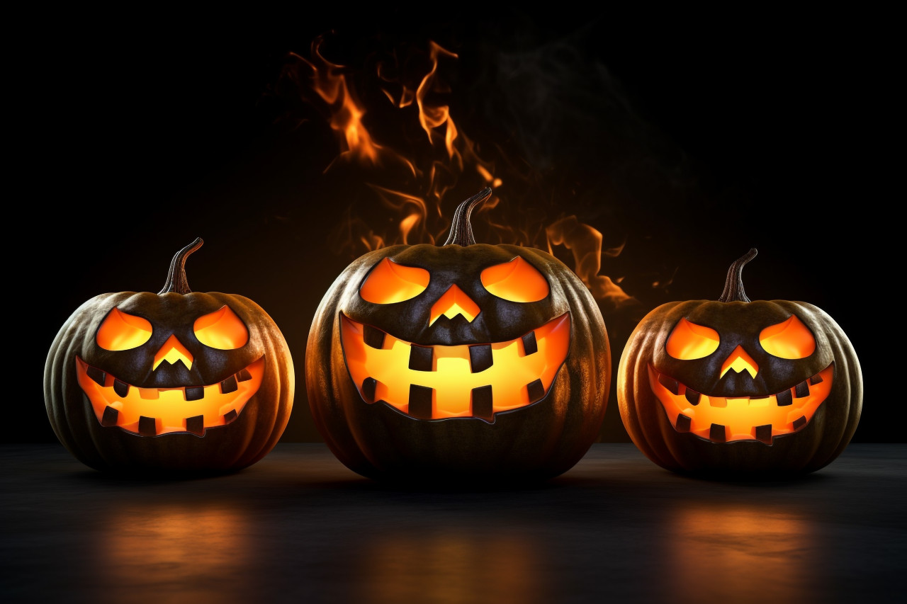 A picture of pumpkins floating in the air on a black background, halloween celebration image