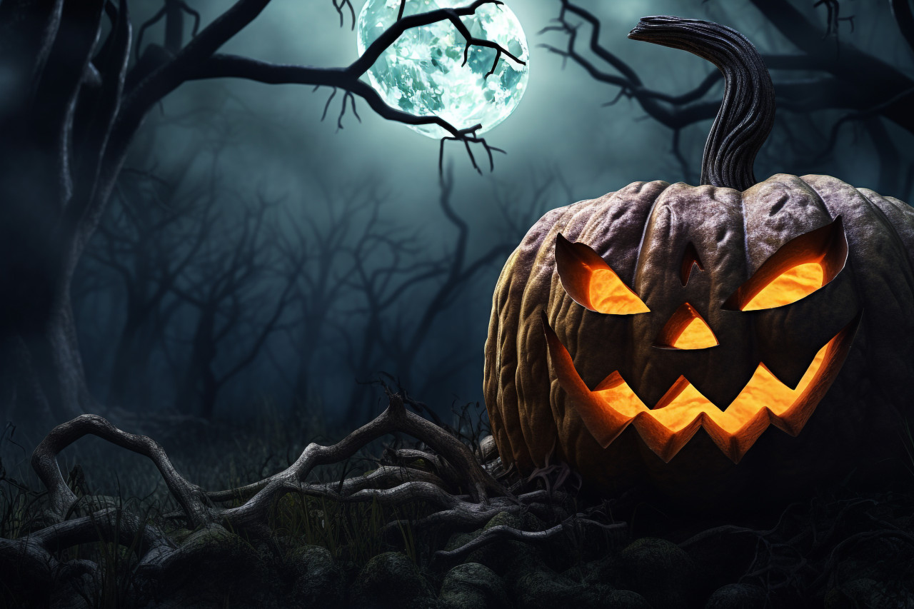 A picture of a scary pumpkin in a dark forest with the moon in the sky, halloween celebration image