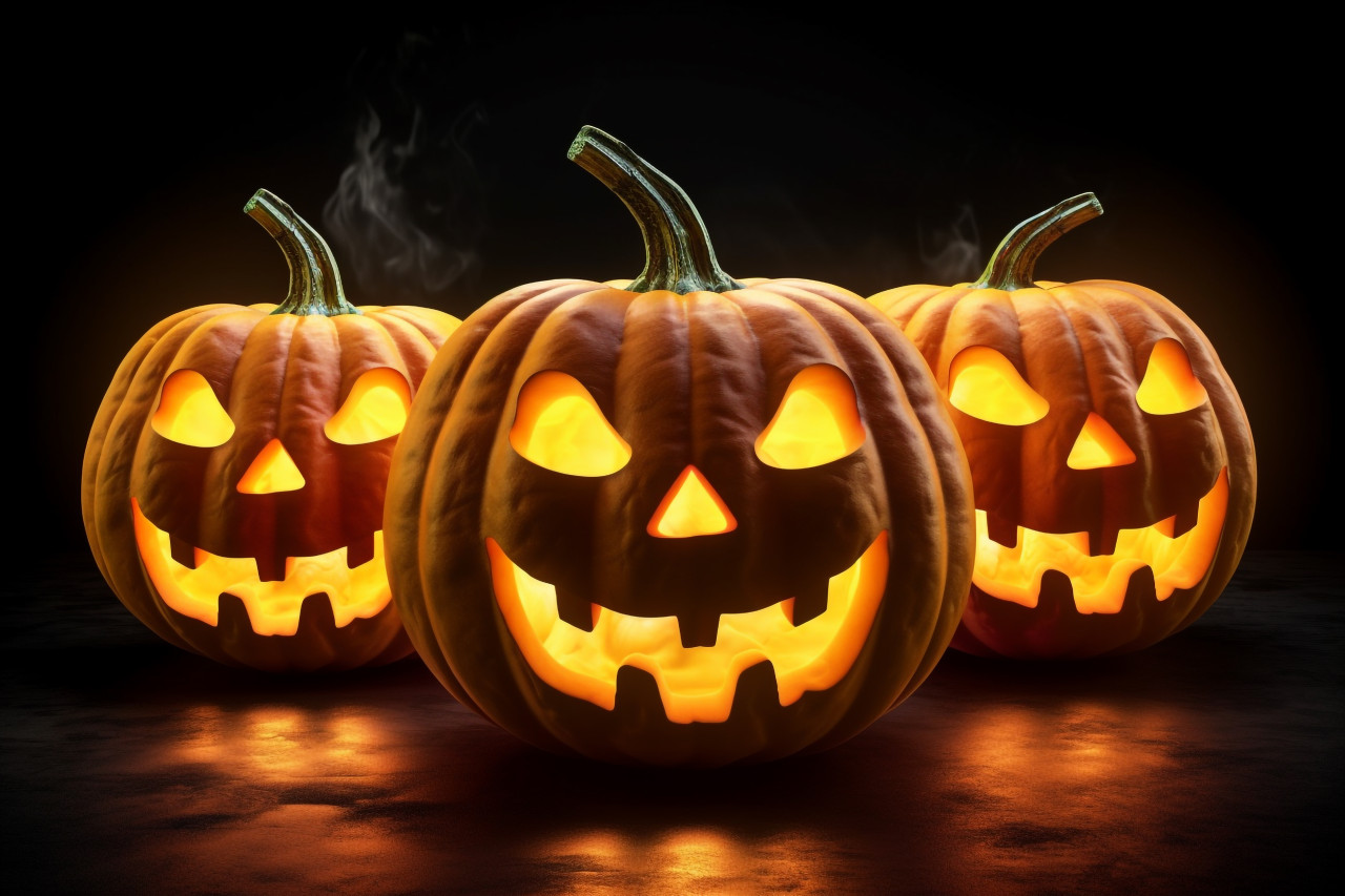 A picture of pumpkins floating in the air on a black background, halloween celebration image